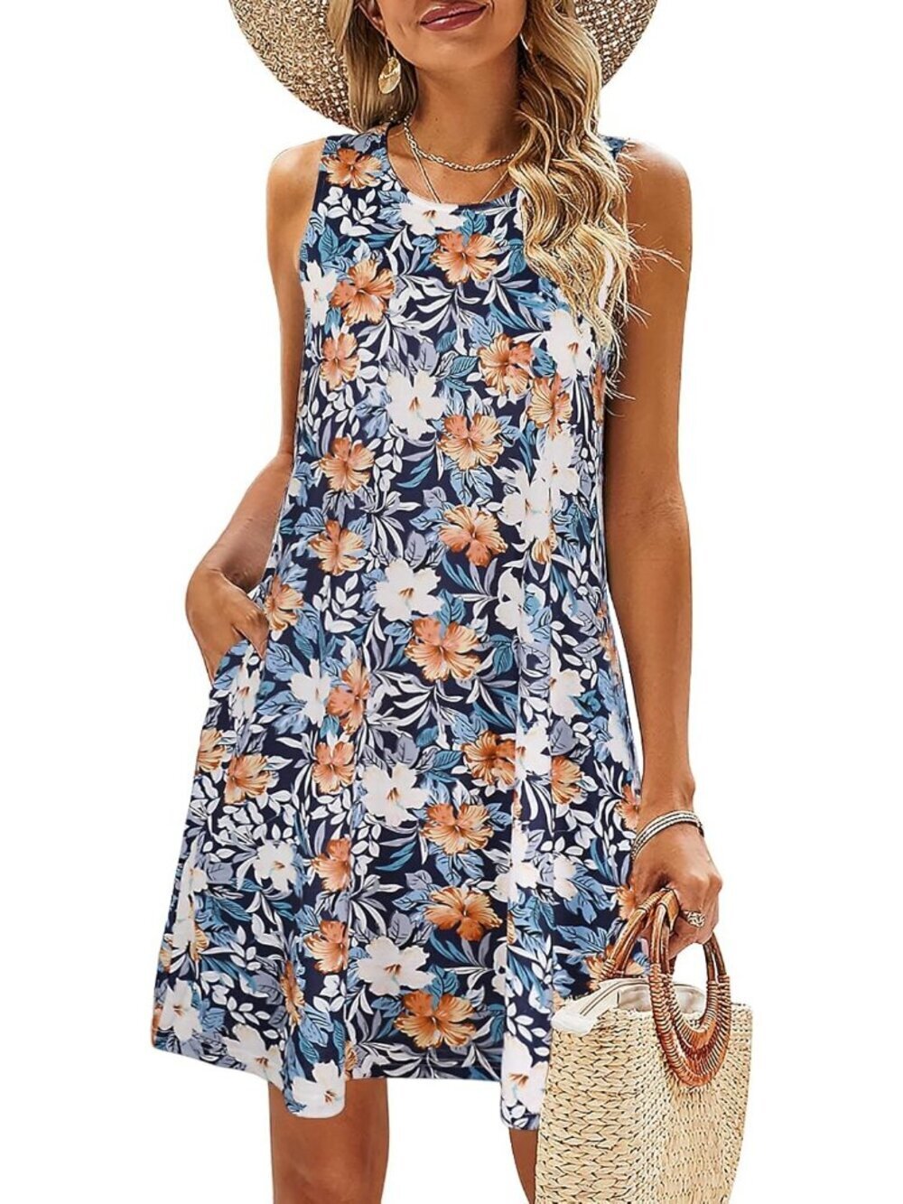 Women's Navy Floral Stylish T-shirt Sundress Casual Pockets Boho Tank Dress